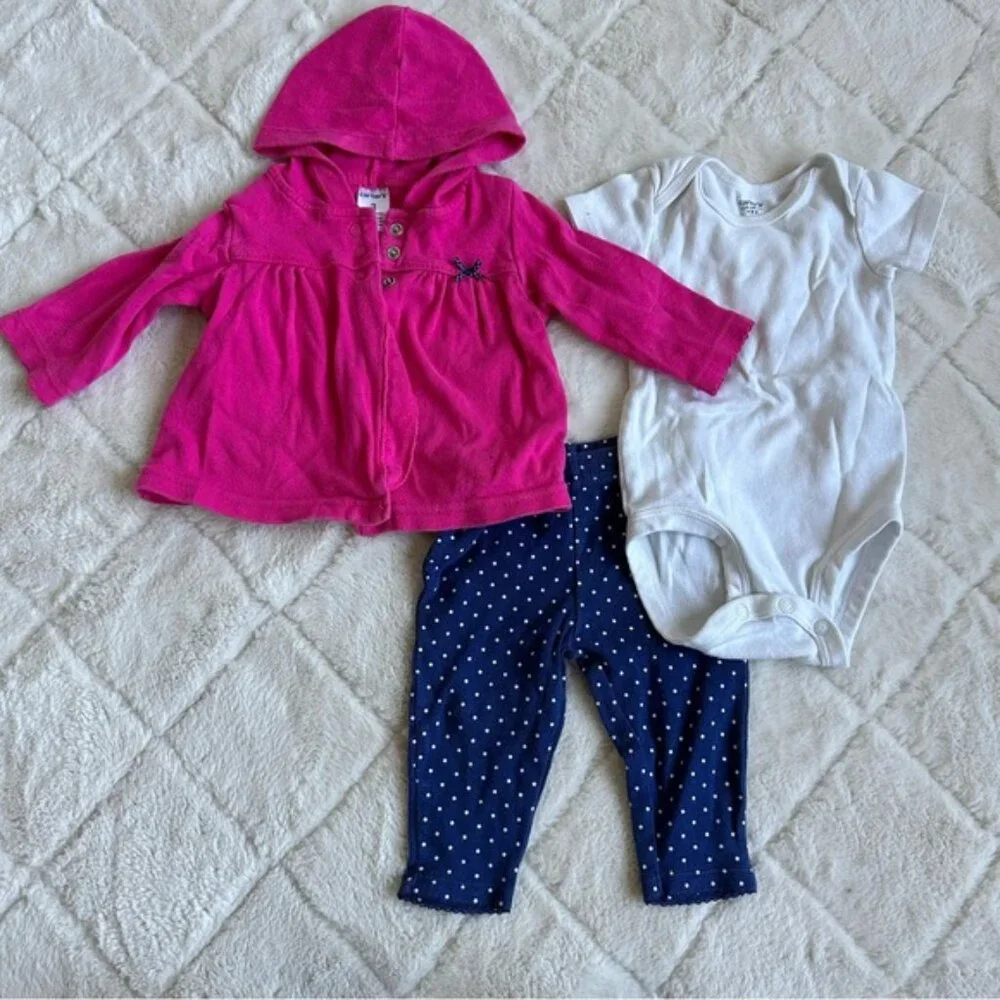 Carter's | Pink and Navy 3-Piece Cardigan, Onesie & Pants Set | Size 3 Months